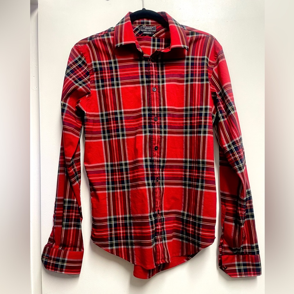 Zara men’s button down plaid longsleeve shirt Medium (M) super slim fit